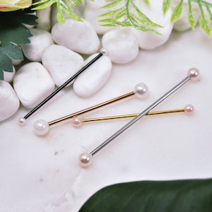 Pearl Industrial Bar, 16g 14g White/Pink 316L Stainless Surgical Steel Upper Ear Cartilage Barbell Scaffold Piercing Jewelry Rose Gold Black image 1