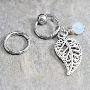 Opalite Leaf Cartilage Jewelry Captive Bead Ring CBR or Bendable Hoop 316L Stainless Surgical Steel 20g/18g/16g/14g 6mm-19mm Filigree Charm