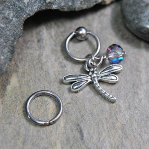Dragonfly Gray AB Gem Cartilage Jewelry Captive Bead Ring CBR or Bendable Hoop 316L Stainless Surgical Steel 20g/18g/16g/14g 6mm-19mm Charm