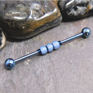 Soft Blue Industrial Bar, 14g 38mm Ion Plated 316L Surgical Steel, Wire-Wrapped Beaded Upper Ear Cartilage Barbell Scaffold Piercing Jewelry