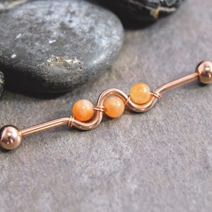 Orange Calcite Wire-Wrapped Beaded Industrial Bar 14g 35mm/38mm 316L Surgical Steel Silver/Gold/Black Pastel Gemstone Wavy Cartilage Barbell