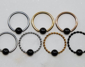 Anillo de cuentas cautivas negro brillante - Acero quirúrgico/titanio - Elige talla: 20 g/18 g/16 g/14 g Color: Plata/Oro rosa/Negro Estilo: Liso/Trenzado CBR