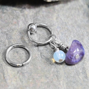 Amethyst Opalite Cartilage Jewelry Captive Bead Ring CBR or Bendable Hoop 316L Stainless Surgical Steel 20g/18g/16g/14g 6mm-19mm Bead Charm