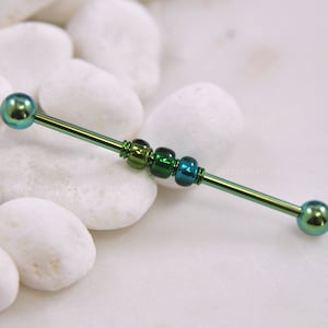 Green Industrial Bar, 14g 38mm Ion Plated 316L Surgical Steel, Wire-Wrapped Beaded Upper Ear Cartilage Barbell Scaffold Piercing Jewelry