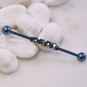 Blue-Green Beads Industrial Barbell, 14g 38mm Ion Plated 316L Surgical Steel, Wire-Wrapped Upper Ear Cartilage Bar Scaffold Piercing Jewelry