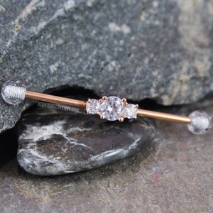 Barra industrial con gema con extremo brillante, oro rosa, acero quirúrgico inoxidable 316L, 14 g, 1-7/16, 36 mm, barra superior para cartílago de la oreja, joyería para piercing