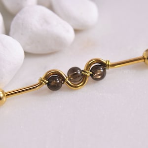 Smoky Quartz Wire-Wrapped Industrial Bar 14g 35mm/38mm 316L Surgical Steel Silver/Gold/Black Gray Black Bead Gemstone Wavy Cartilage Barbell