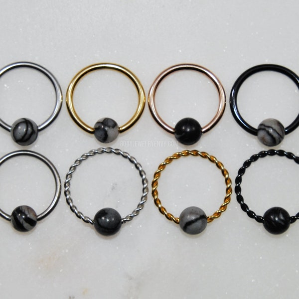 BLACK LINE JASPER Captive Bead Ring, Surgical Steel/Titanium Size 16g/14g Color Silver/Gold/Rose Gold/Black Style Plain/Braided Cbr, Veined