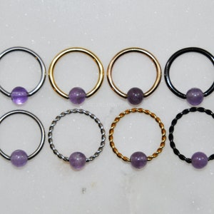 AMETHYST Captive Bead Ring, Surgical Steel/Titanium Size 16g/14g Color Silver/Gold/Rose Gold/Black Style Plain/Braided CBR, Purple Gemstone