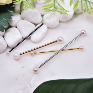 Pearl Industrial Bar, 14 g wit/roze 316L roestvrij chirurgisch staal bovenoor kraakbeen barbell steigerpiercing sieraden roségoud zwart