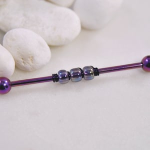 Purple Industrial Bar, 14g 38mm Ion Plated 316L Surgical Steel, Wire-Wrapped Beaded Upper Ear Cartilage Barbell Scaffold Piercing Jewelry
