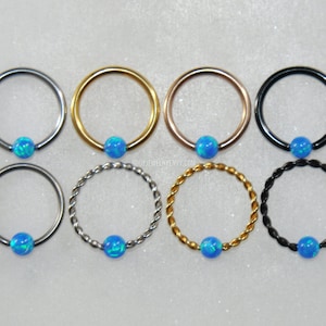 BLUE OPAL Captive Bead Ring - Surgical Steel/Titanium - Choose Size 16g/14g Color Silver/Gold/Rose Gold/Black Style Plain/Braided CBR