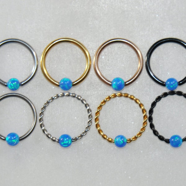 BLUE OPAL Captive Bead Ring - Surgical Steel/Titanium - Choose Size 16g/14g Color Silver/Gold/Rose Gold/Black Style Plain/Braided CBR