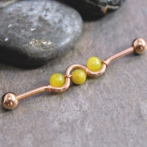 Olive Jade Wire-Wrapped Industrial Bar 14g 35mm/38mm 316L Surgical Steel Silver/Gold/Black Yellow Green Bead Gemstone Wavy Cartilage Barbell