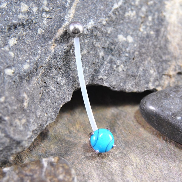 Blue Stone Gem Flexible Belly Ring, 14g 1 inch 25mm, DiY Customizable Length Hypoallergenic PTFE Barbell Bar Sports Pregnancy Flex Retainer