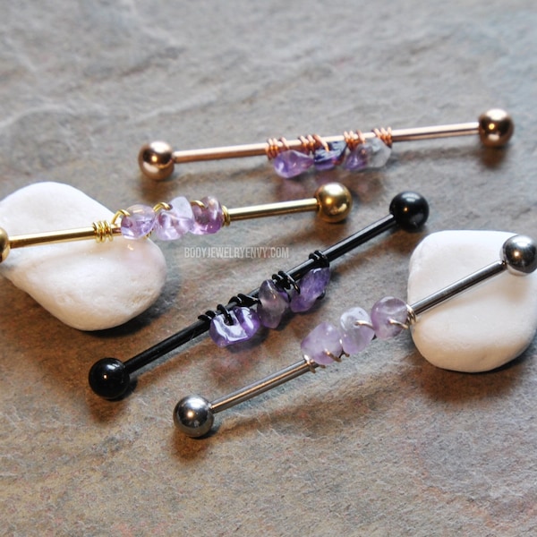 Wire Wrap Amethyst Industrial Bar 316L Stainless Surgical Steel Cartilage Piercing Choose 16g 14g 30mm 32mm 35mm 38mm Gold Rose Gold Black