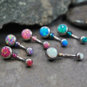 Beaded Double Opal Belly Ring, 14g 316L Stainless Surgical Steel, Choose Color! White, Red, Purple, Pink, Blue, Green Lab-Created Opal Gems