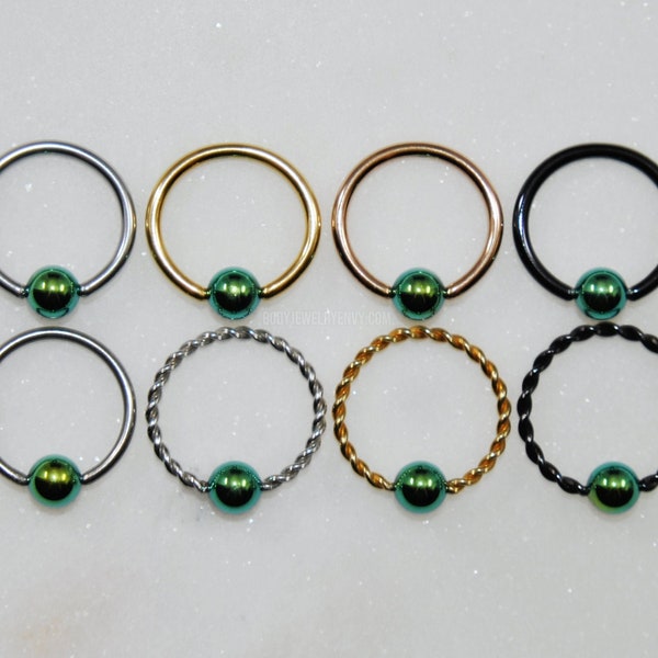 GREEN Captive Bead Ring - Surgical Steel/Titanium - Choose Size 20g/18g/16g/14g Color Silver/Rose Gold/Black Style Plain/Braided CBR