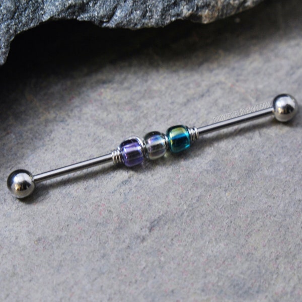 Beaded Industrial Bar, 16g or 14g Silver/Gold/Rose/Black 316L Stainless Surgical Steel Choose 30mm/32mm/35mm/38mm Cartilage Piercing Barbell