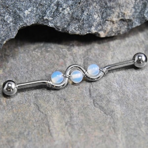 Opalite Beaded Wire-Wrapped Industrial Bar 14g 35mm/38mm 316L Surgical Steel Silver/Gold/Black Opalescent Opal Beaded Wavy Cartilage Barbell