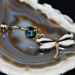 Dragonfly Black Glitter Opal Dangle Navel Ring, Yellow Gold IP 316L Stainless Surgical Steel 14g 11mm, Belly Button Piercing, Prong-Set Gem