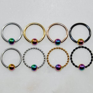 RAINBOW Captive Bead Ring - Surgical Steel/Titanium - Choose Size 20g/18g/16g/14g Color Silver/Rose Gold/Black Style Plain/Braided CBR