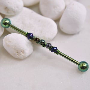 Rainbow Green Industrial Bar, 14g 38mm IP 316L Surgical Steel, Wire-Wrap Unique Beaded Upper Ear Cartilage Barbell Scaffold Piercing Jewelry