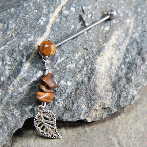 Tiger's Eye Gem Dangle Industrial Barbell, Silver 14g 32mm-51mm 316L Surgical Steel, Leaf Upper Gemstone Ear Cartilage Bar Piercing Jewelry