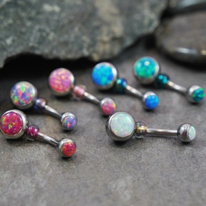 Doppel Opal Bauch Ring - Edelstahl 316L Chirurgenstahl 14g 10 mm - Faux Lab Opal Perlen - FARBE WÄHLEN Weiß, Rot, Lila, Rosa, Blau, Grün