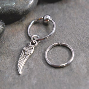 Angel Wing Cartilage Jewelry, 20g/18g/16g/14g 6mm-19mm 316L Stainless Surgical Steel Captive Bead Ring CBR or Bendable Hoop, Silver Charm