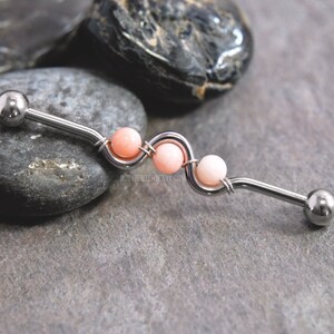 Pink Shell Wire-Wrapped Industrial Bar, 14g 38mm 316L Surgical Steel, Silver/Gold/Black, Natural Pastel Gem Beaded Wavy Cartilage Barbell