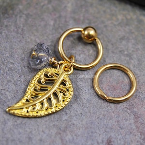 Tourmalinated Quartz Leaf Cartilage Jewelry Captive Bead Ring CBR/Bendable Hoop Gold 316L Stainless Surgical Steel 20g/18g/16g/14g 6mm-12mm