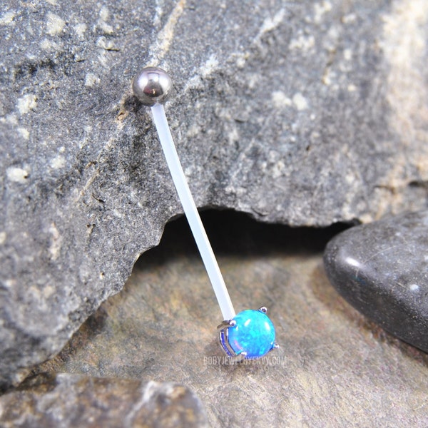 Blue Synthetic Opal Flexible Belly Ring, 14g 1 inch, DiY Customizable Length Hypoallergenic PTFE Barbell Bar Sports Pregnancy Flex Retainer