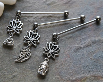 Lotus Industrial Barbell, 14g 32mm 35mm 38mm 316L Surgical Steel, Buddha Leaf Dangle Scaffold Industrial Bar Upper Ear Cartilage Piercing