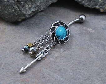 Turquoise Flower Belly Button Ring, 14 gauge 316L Stainless Surgical Steel, Chain Antique Arrow Dangle, Silver Navel Curve Gem Belly Ring