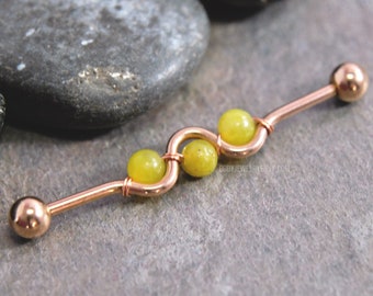 Olive Jade Wire-Wrapped Industrial Bar 14g 35mm/38mm 316L Surgical Steel Silver/Gold/Rose/Black Yellow Green Gemstone Wavy Cartilage Barbell