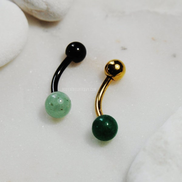 Jade Green Belly Ring, Choose Color 316L Surgical Steel Belly Ring Silver/Gold/Rose Gold/Black Navel Piercing 14G 14 Gauge Bar Stone Crystal