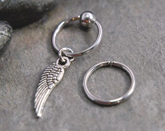 Angel Wing Cartilage Jewelry, 20g/18g/16g/14g 6mm-19mm 316L Stainless Surgical Steel Captive Bead Ring CBR or Bendable Hoop, Silver Charm