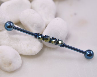 Blue-Green Beads Industrial Barbell, 14g 38mm Ion Plated 316L Surgical Steel, Wire-Wrapped Upper Ear Cartilage Bar Scaffold Piercing Jewelry