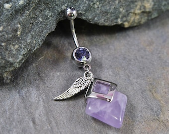 Amethyst Gemstone Dangle Belly Ring Antique Silver Angel Wing Charm Piercing Jewelry 14g 3/8" 10mm 316L Stainless Surgical Steel Navel Curve