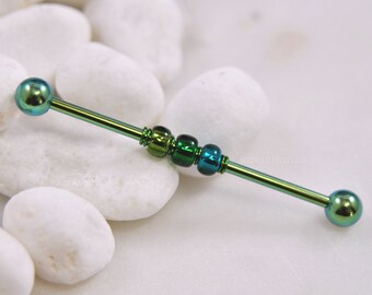 Green Industrial Bar, 14g 38mm Ion Plated 316L Surgical Steel, Wire-Wrapped Beaded Upper Ear Cartilage Barbell Scaffold Piercing Jewelry