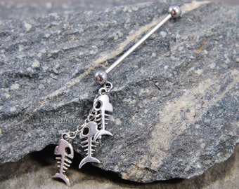 Fish Skeleton Industrial Barbell, 14g 32mm 35mm 38mm 316L Surgical Steel, Bones Dangle Upper Ear Cartilage Bar Scaffold Piercing Jewelry