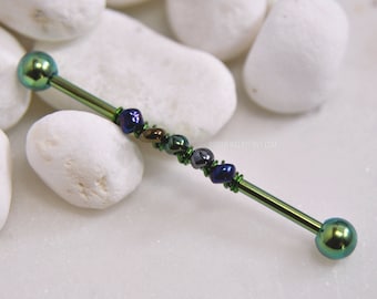Rainbow Green Industrial Bar, 14g 38mm IP 316L Surgical Steel, Wire-Wrap Unique Beaded Upper Ear Cartilage Barbell Scaffold Piercing Jewelry