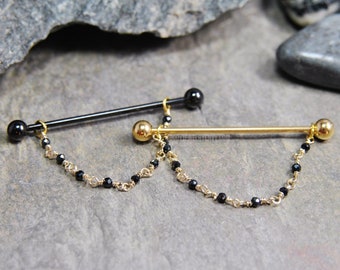 Black Spinel Industrial Bar, 14g/16g 30mm/32mm/35mm/38mm, Black or Gold IP 316L Surgical Steel, Beaded Chain Ear Cartilage Scaffold Piercing