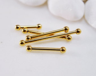 Small Straight Barbell, Gold IP 316L Surgical Steel, Tiny End Beads, Choose 16g/14g 6mm-25mm Basic Piercing Ear Cartilage Bar SINGLE or PAIR
