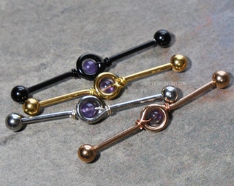 Amethyst Industrial Bar, Wire-Wrapped Loop 14g 316L Stainless Surgical Steel Cartilage Piercing, 32mm 35mm 38mm Silver Gold Rose Gold Black