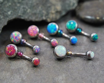 Anillo de vientre de ópalo doble - Acero quirúrgico inoxidable 316L 14g 10 mm - Faux Lab Opal Beaded - ELIJA COLOR Blanco, Rojo, Púrpura, Rosa, Azul, Verde