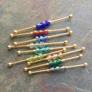 16g Iridescent Wire-Wrapped Industrial Bar, 316L Stainless Surgical Steel, Silver Gold Black Barbell, Upper Ear Cartilage Piercing Jewelry