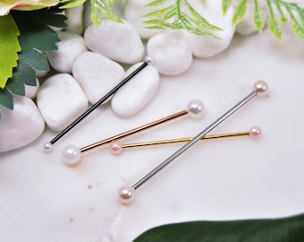 Pearl Industrial Bar, 16g 14g White/Pink 316L Stainless Surgical Steel Upper Ear Cartilage Barbell Scaffold Piercing Jewelry Rose Gold Black
