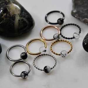 BLACK RUTILATED QUARTZ Captive Bead Ring, Surgical Steel/Titanium Size 16g/14g Color Silver/Gold/Rose Gold/Black Style Plain/Braided Cbr